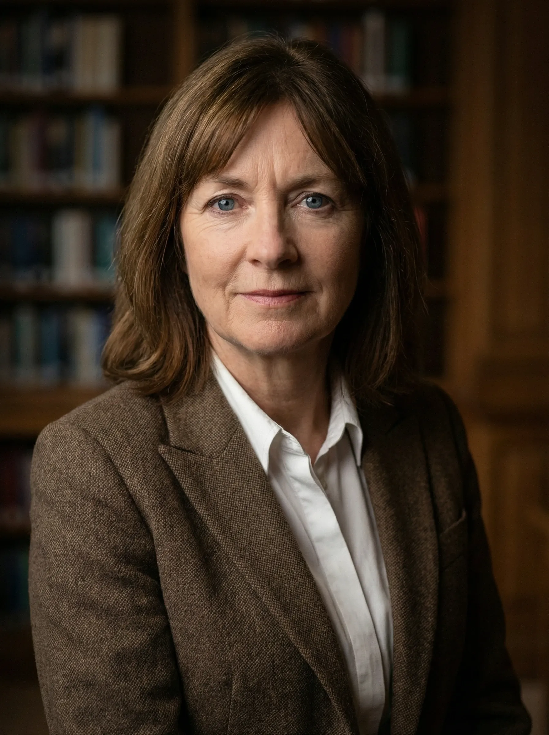 AI professor headshot — woman in a brown blazer and white shirt in a traditional library